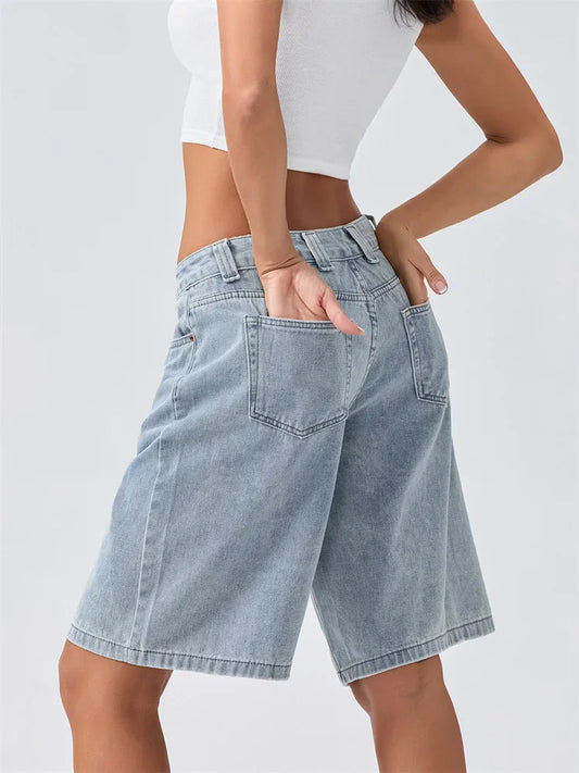 Denim Shorts Solid Color Low Rise Wide Leg