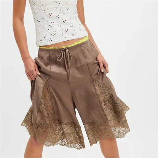 Low Rise  Lace Trim Shorts Satin