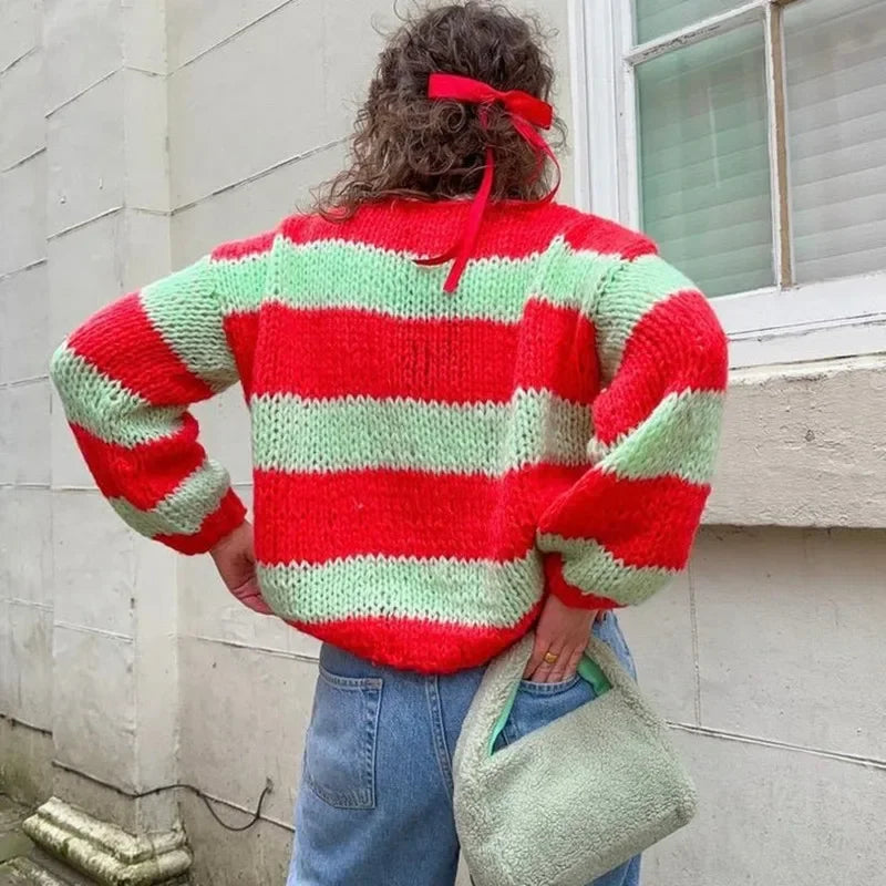 Striped Sweater Oversized Long Sleeve Color Block Knitted