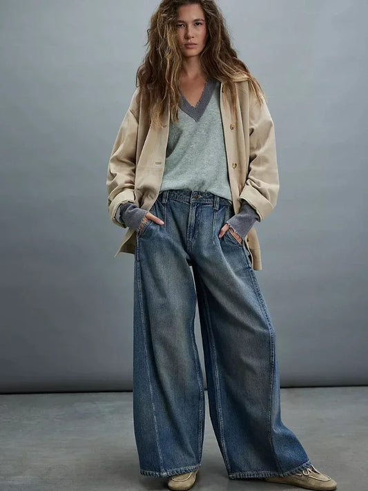 Washed Wide Leg Floor-Length Jeans