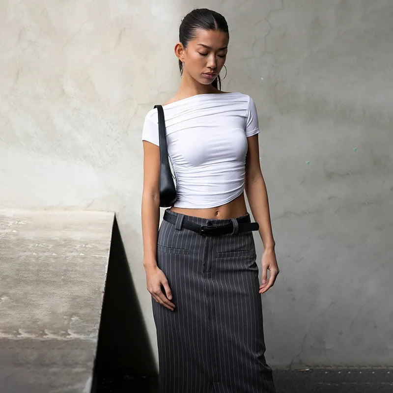 Slash Neck Bodycon Crop Tee – Short Sleeve