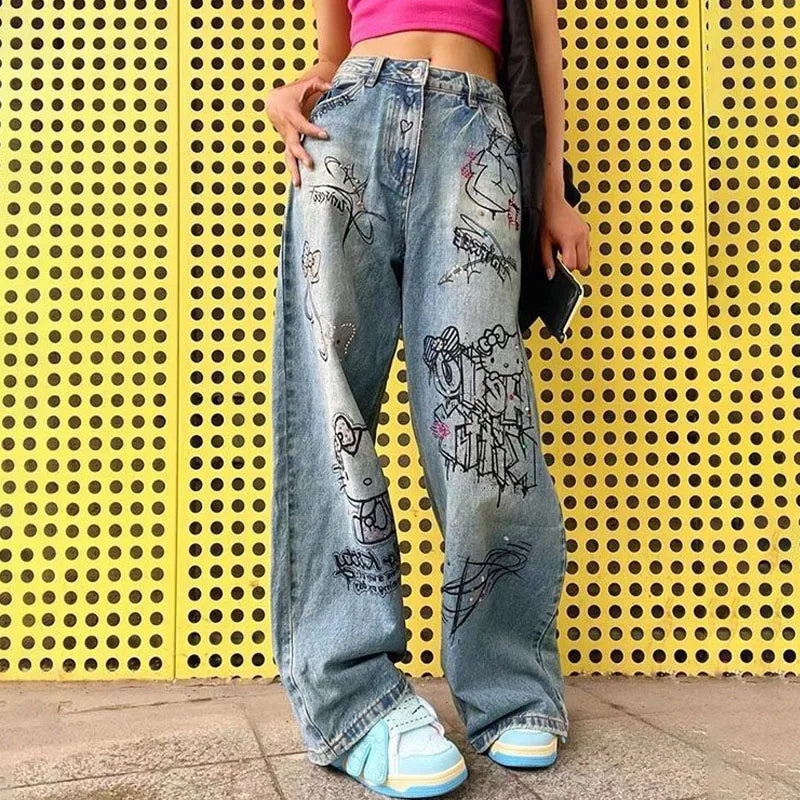 Graffiti Anime Print Loose Jeans