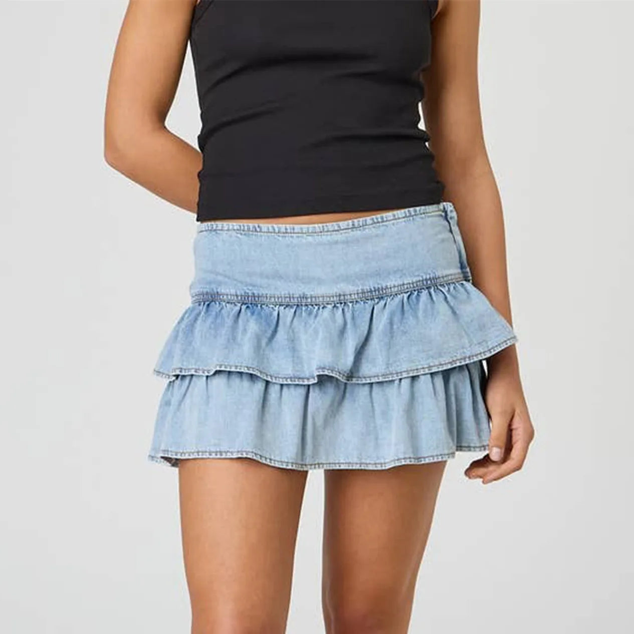 Side Zipper Ruffled Denim Mini Skirt