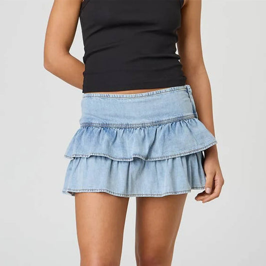Side Zipper Ruffled Denim Mini Skirt
