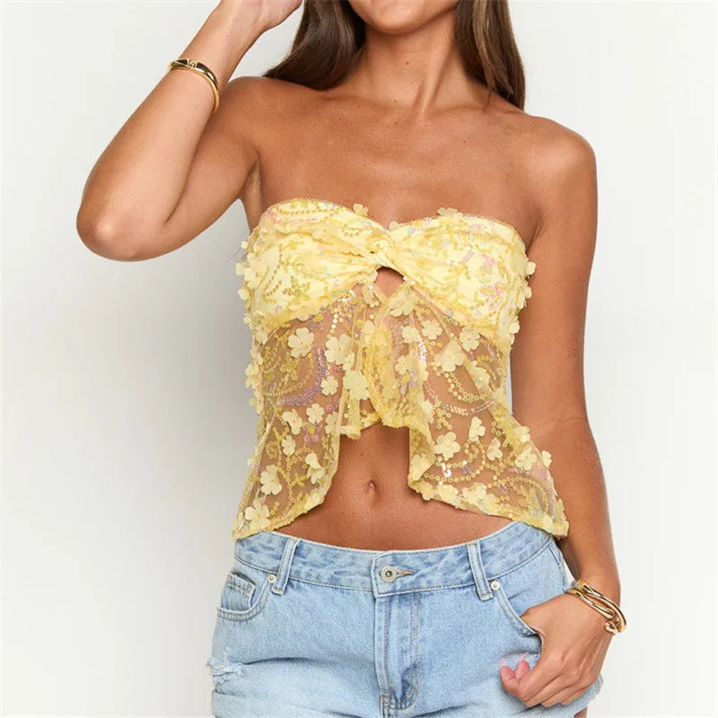 Sequin Strapless Tube Top Sleeveless Twist, Split Front