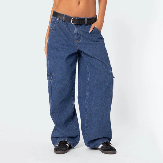 Denim Pants Solid Color Wide Leg  with Multi Pockets