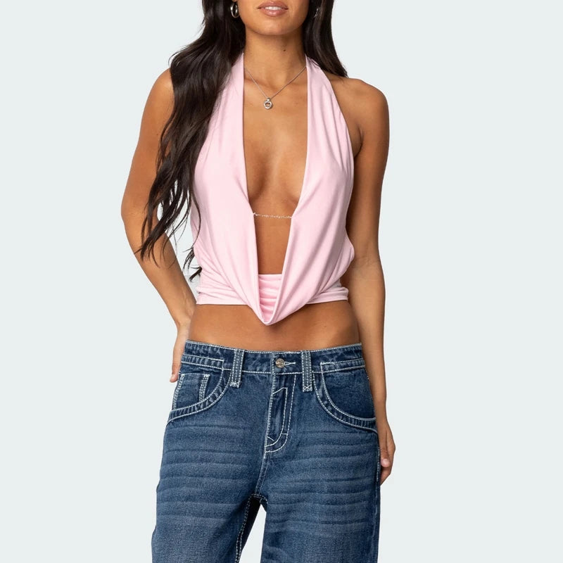 Halter Top – Sleeveless Deep V-Neck Backless