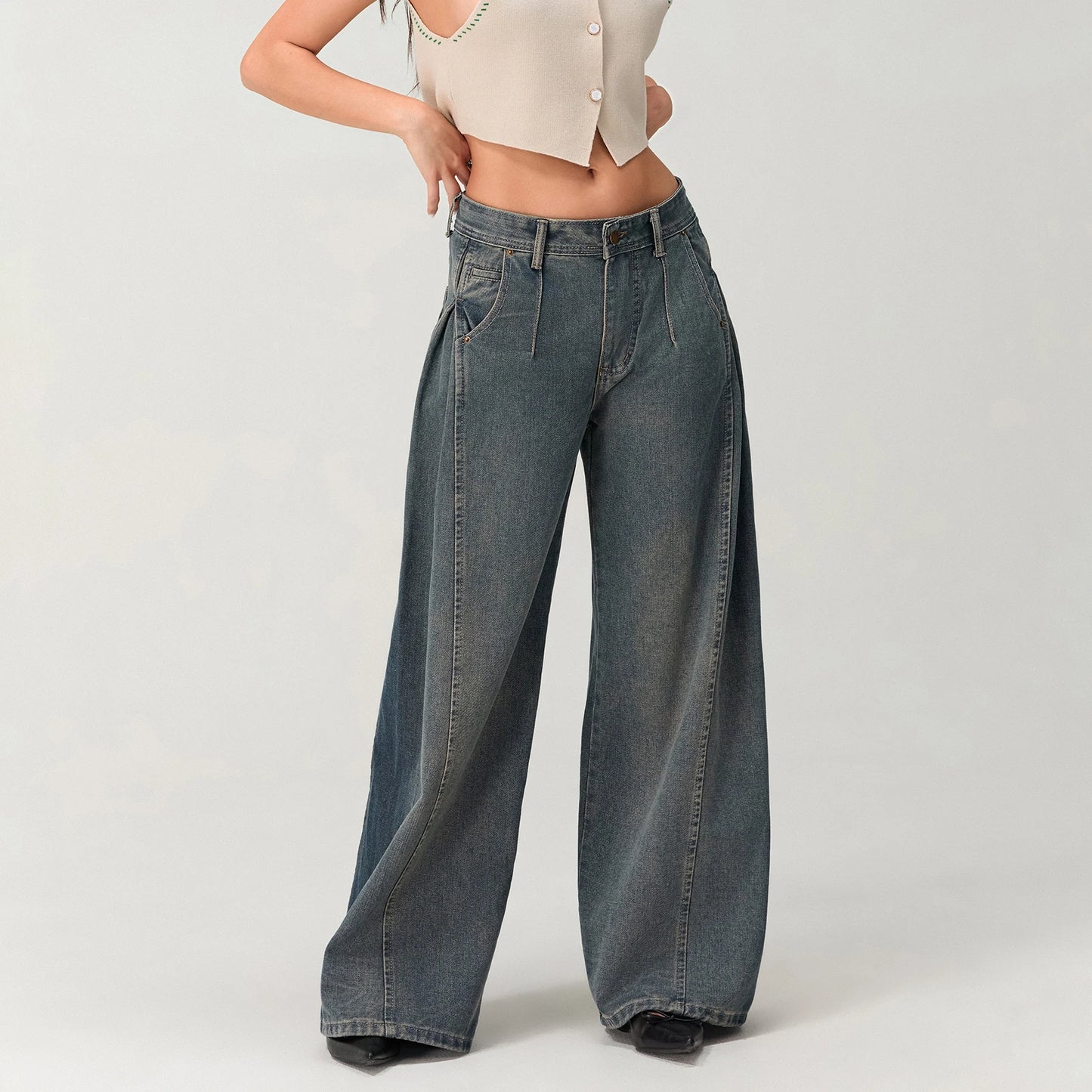 Washed Denim Baggy Jeans with Pleats