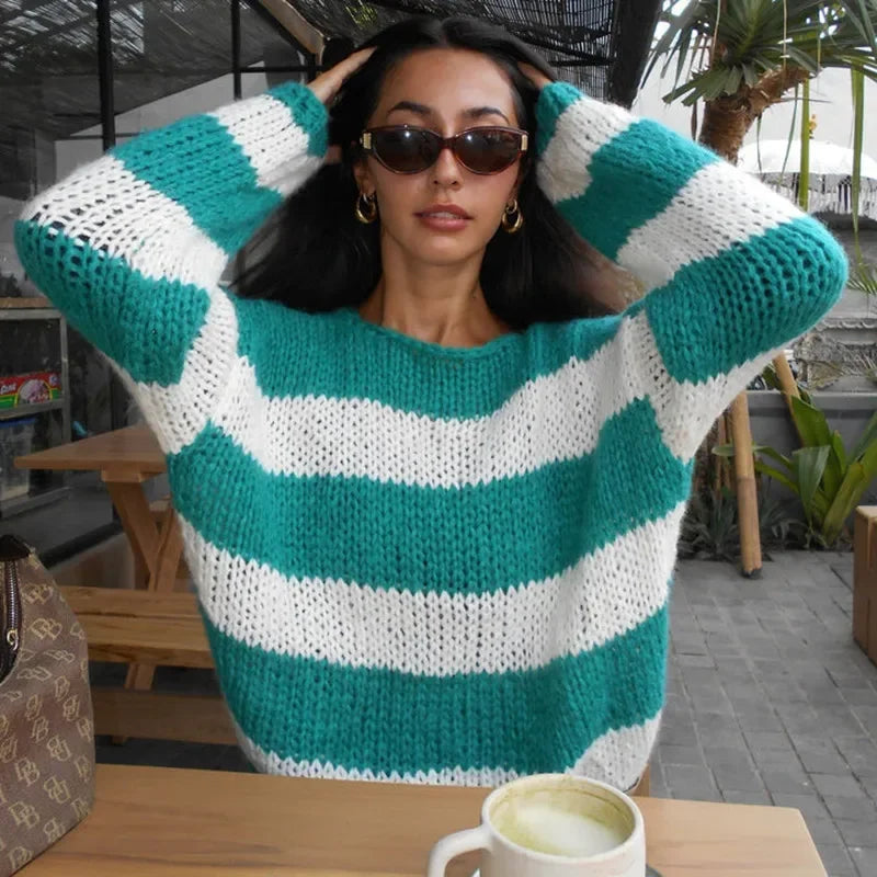 Striped Sweater Oversized Long Sleeve Color Block Knitted