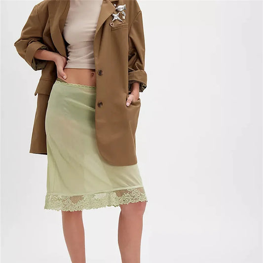 Lace Silk Satin Skirt Layered Ruffle
