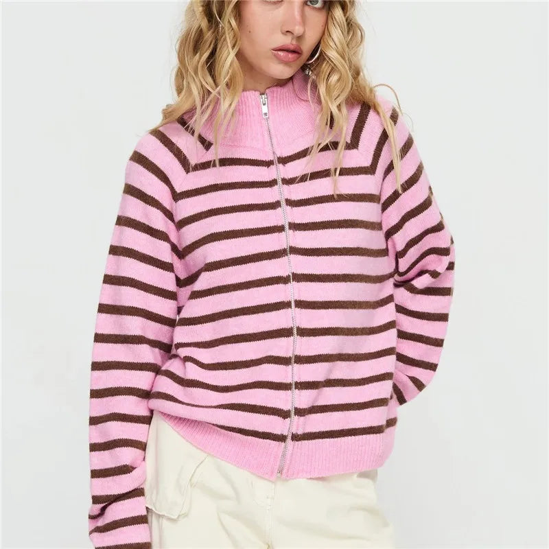 Zip Up Striped Cardigan  High Neck Long Sleeve