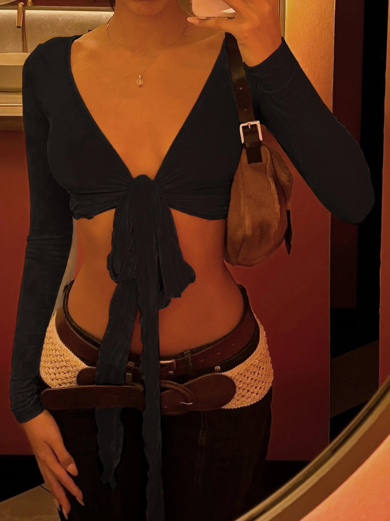 Slim Lace-Up V-Neck Top Long Sleeve